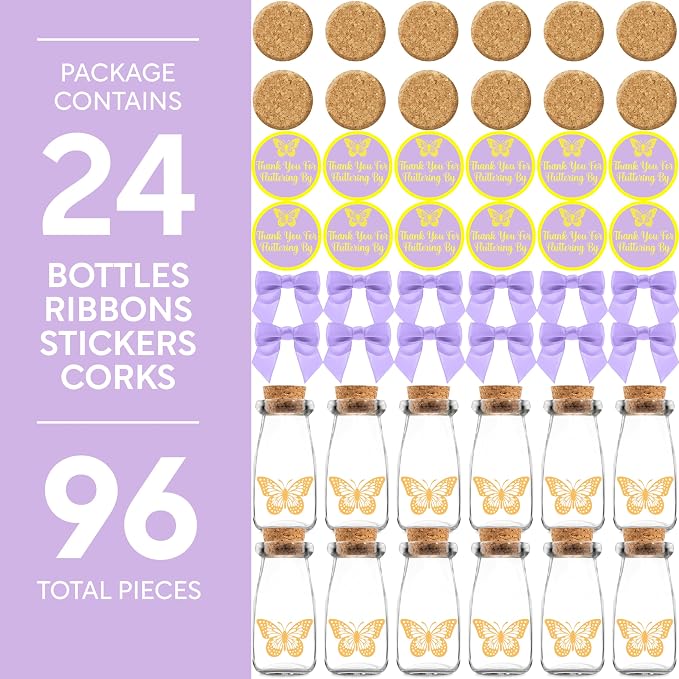 Ethisa Small 24 Pack Butterfly Party Favor Glass Bottles with Ribbons and Stickers - Vintage Baby Shower and Birthday Favors for Guests and Table Centerpieces Decorations - Purple Theme Candy Jar
