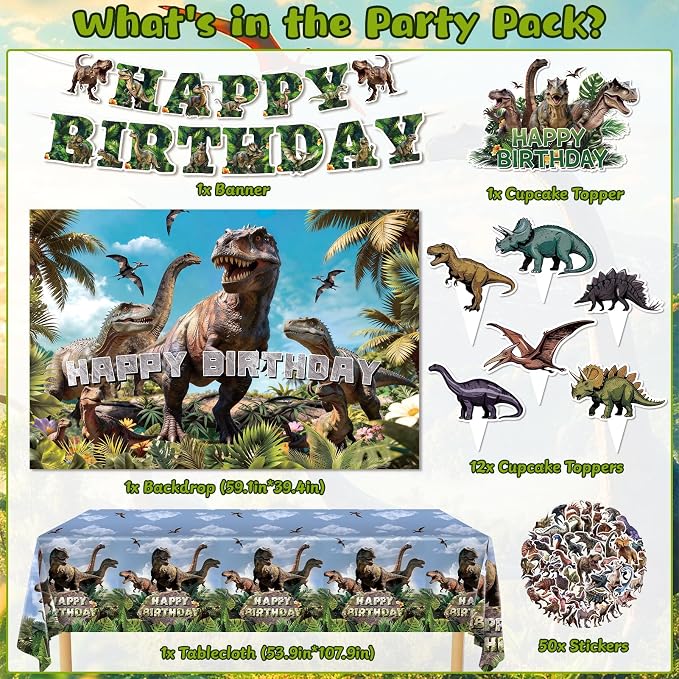 Dinosaur Birthday Party Decorations for Boys, Dino World Birthday Decorations Include Dinosaur Balloons, Banner, Backdrop, Cake Topper, Stickers for Kids, Tablecloth for Dinosaur Themed Party upplies