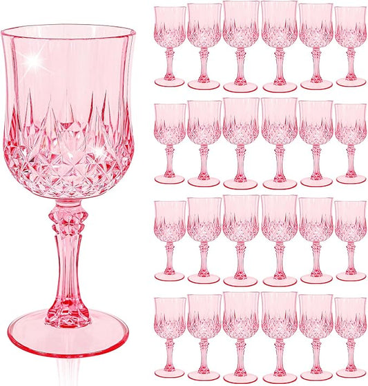24 Pcs Pink Plastic Wine Glasses, Plastic Goblets for Parties, Vintage Wine Glasses Bulk, Reusable Drinking Glass, Drinkware Cups for Wedding Party Reception Event Supplies