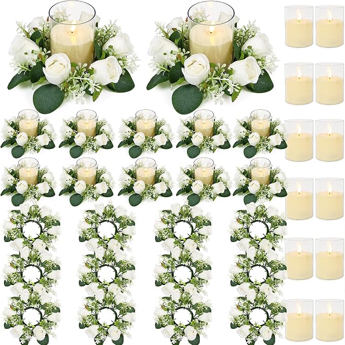 White Rose Candle Rings with Flameless Candles Sets - 24PCS Artificial Flower Eucalyptus Wedding Centerpiece 3 Inch Pillar Candleholders Wreaths for Wedding Party Decor (White - 12 Sets)