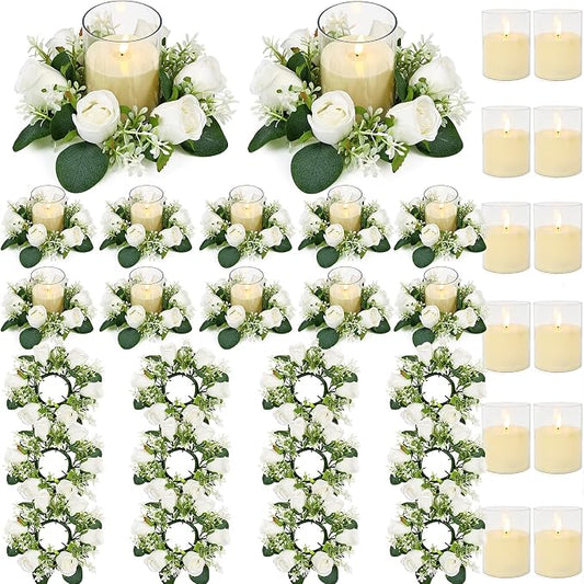 White Rose Candle Rings with Flameless Candles Sets - 24PCS Artificial Flower Eucalyptus Wedding Centerpiece 3 Inch Pillar Candleholders Wreaths for Wedding Party Decor (White - 12 Sets)