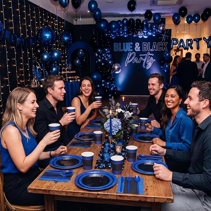 400 Pcs Black and Blue Birthday Party Decoration for 50, Blue Black Paper Plates Napkins Cups Tablecloth Cutlery Disposable Tableware Set for Police Bachelor Birthday Party Supplies