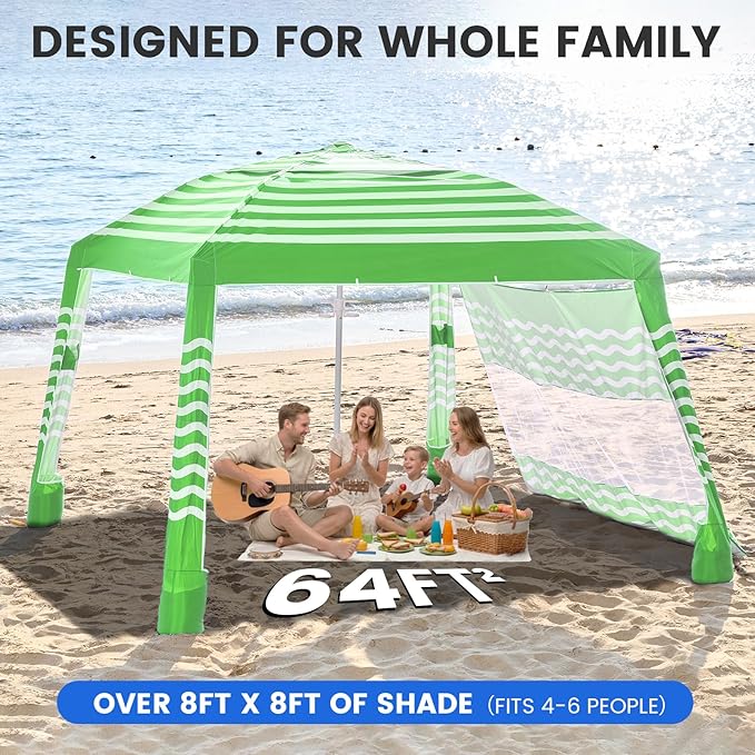 Zeraty Beach Cabana 8'×8', Portable Beach Canopy with Side Wall, UPF 50+ Silver-Coated Beach Tent Sun Shelter Easy Pop Up, Wind Resistant Adjustable Height Beach Umbrella Tent for Family, Green