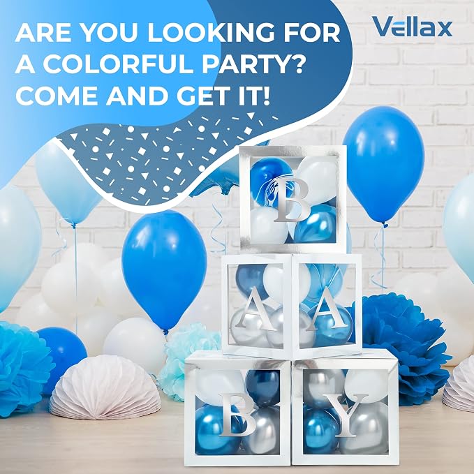 44-Piece Baby Shower Decorations for Boy or Girl - 4 Boxes with Letters and 32 Balloons - Stylish Silver and Blue - Gender Reveal Party Supplies - Photo Shoot Backdrop Prop