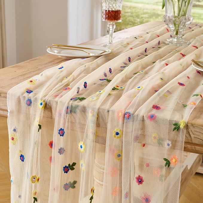BINBE 12pcs Daisy Spring Table Runner Embroidery Gauze 10FT Florals Seasonal Tulle Holiday Birthday Kitchen Dining Table Decor for Home Party Champagne