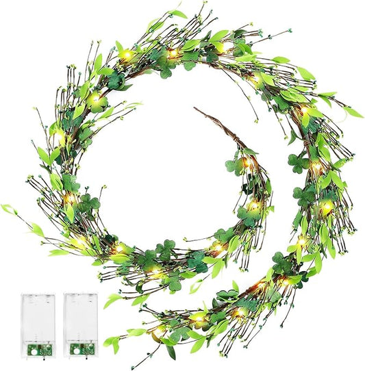 6.5 Ft St.Patrick's Day Garland Lucky Shamrock Wreath with LED Lights Artificial Green Clover St Patrick's Day Hanging Wreath Garland for Front Door Arch Wall Irish Festival Party Decoration