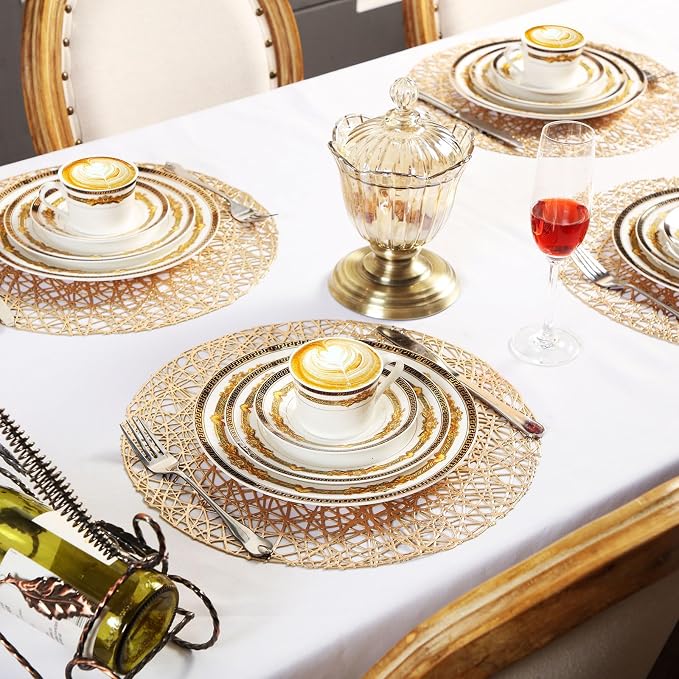 Sieral 60 Packs Gold Round Placemats 15 Inch Hollow Out Pressed Vinyl Place Mats Heat Resistant Woven Gold Placemats for Christmas Dinner Table Winter Holiday Party Wedding Centerpiece Decoration