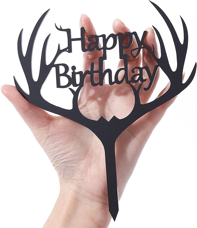 LOVENJOY Gift Boxed Antler Happy Birthday Cake Topper Black Frosted Acrylic, Hunting Birthday Cake Topper for Men Dad Hunter