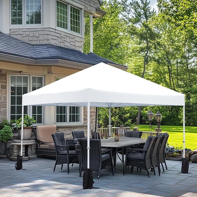 Amazon Basics Outdoor Pop Up 10 x 10 Canopy Tent for Events, Portable with Easy Setup, Sun Shelter, Includes Wheeled Carry Bag, 8 Pegs, 4 Ropes, 4 Weighted Bags, White
