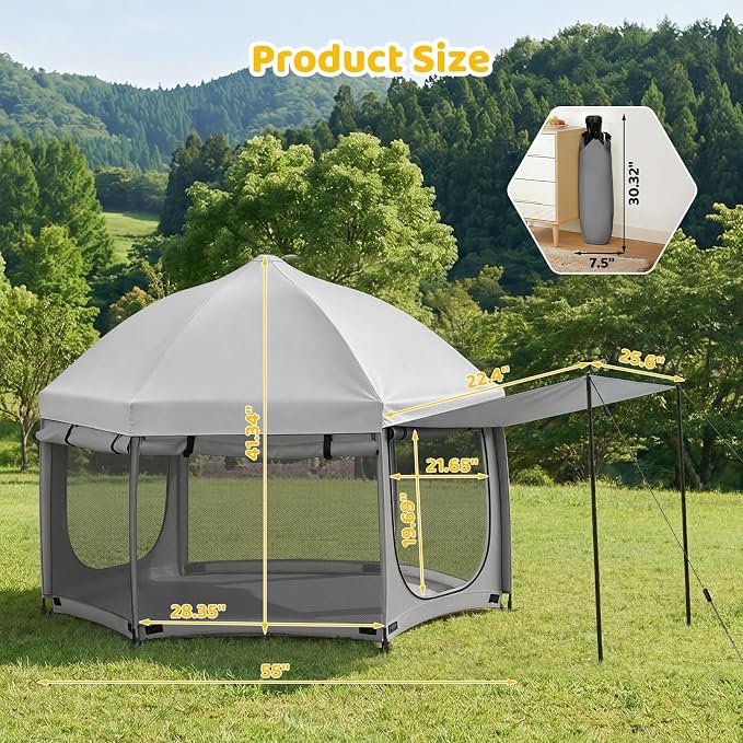 Dripex Upgraded Pop Up Playpen w/t 2-Side Canopy Extension & Built-in Pad,Quick Foldable Indoor/Outdoor Baby Playpen w/t One-Click Safe Lock,2-Side Roll-Up Door,Travel Pop and Go Beach Play Pen Grey