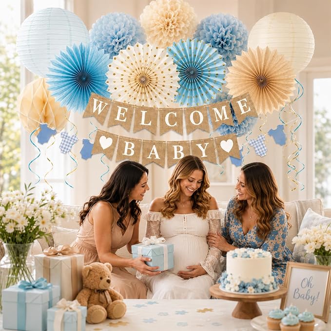 Baby Shower Decorations Kit, Welcome Baby Banner with Dusty Blue Paper Lanterns, Tissue Pom Poms, Honeycomb Balls, Clothes Banner Garland for Boho Baby Boy Shower Party Decorations