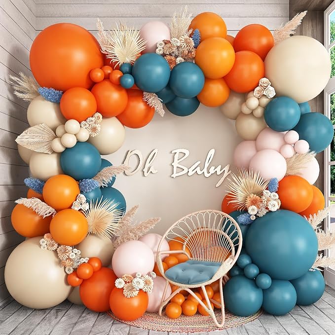 Double Stuffed Dusty Blue Orange Balloon Arch Kit, Boho Neutral Balloon Garland Burnt Orange Terracotta Dark Teal Turquoise White Sand Latex Balloons for Fall Themed Wedding Birthday Party Decorations