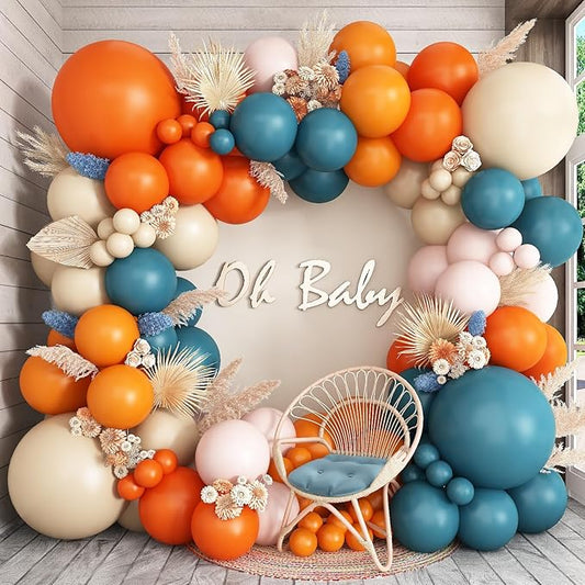 Double Stuffed Dusty Blue Orange Balloon Arch Kit, Boho Neutral Balloon Garland Burnt Orange Terracotta Dark Teal Turquoise White Sand Latex Balloons for Fall Themed Wedding Birthday Party Decorations