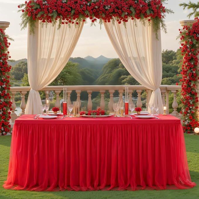 Suppromo Red Tulle Tablecloth for 4 Foot Rectangular Tables, 48 x 24 Inch Red Rectangle Table Cloth, Wrinkle Free Table Cover with Tutu Skirt for Wedding Birthday Party Banquet Tablecover