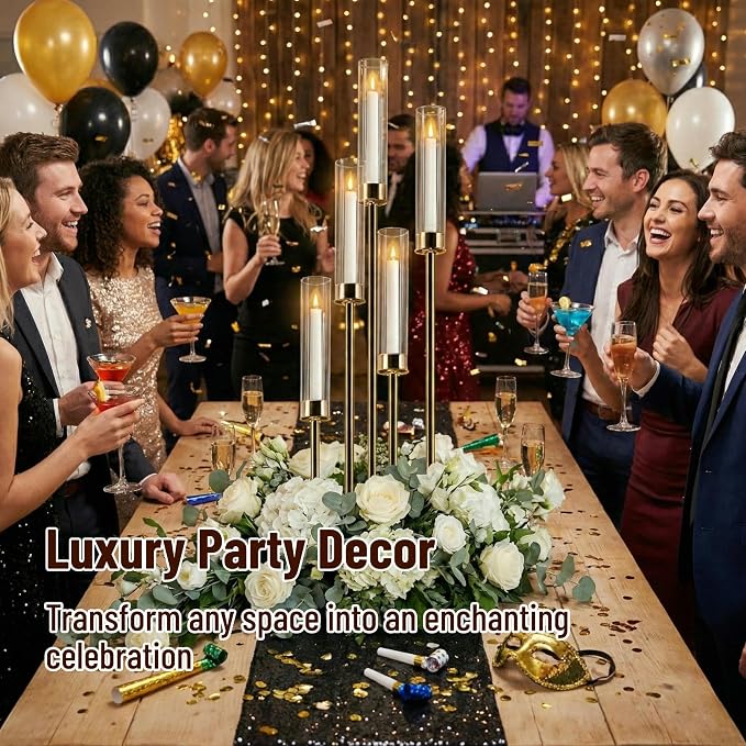 Gold Candelabra with Glass Cylinders for Real Candles 5 Arms Metal Candle Holder Wedding Event Party Home Decoration Centerpiece (2, L)