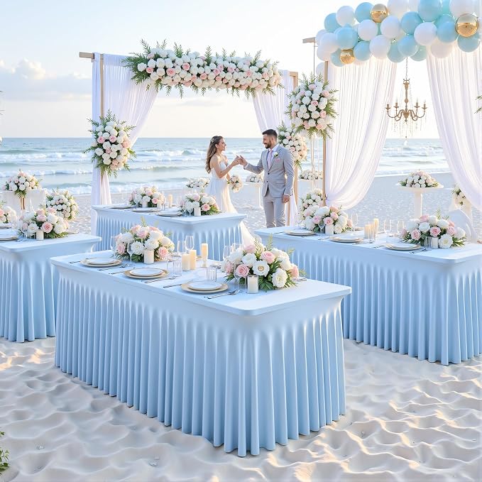 8 Pack Baby Blue Table Cloth for 6 Foot Rectangle Tables Spandex Fitted Tablecloth 6ft Stretch Table Covers Skirt Baby Blue Banquet Tablecloths Wrinkle Free Tablecloth for Party Wedding Birthday Event