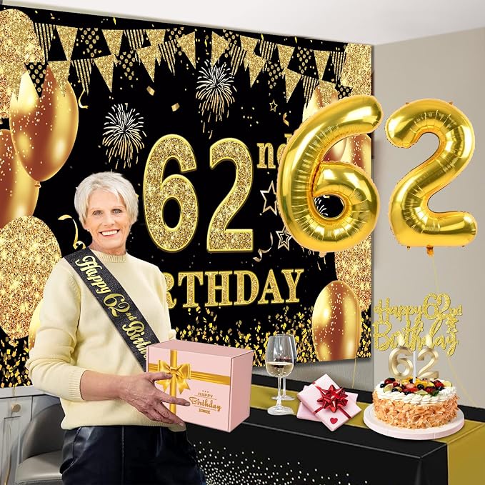 62nd Birthday Decorations Men Women with 62nd Birthday Banner, Black and Gold Table Cloth, Number Balloons, Large Sash, Cake Topper and Candles