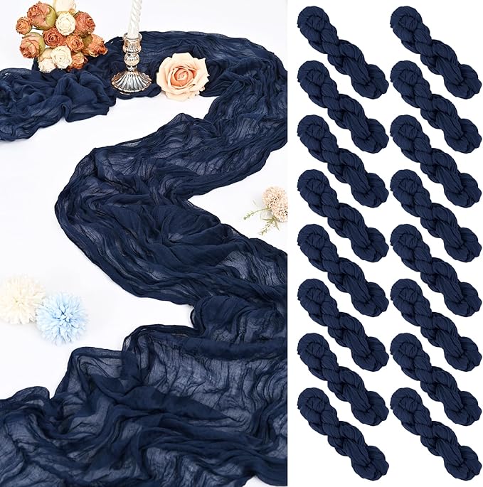 16 Pack 10Ft Cheesecloth Table Runner Navy Blue, 20 x 120 Inch Rustic Gauze Boho Cheese Cloth Table Runners Wedding Long Table Runner for Wedding Party Bridal Shower Table Decoration