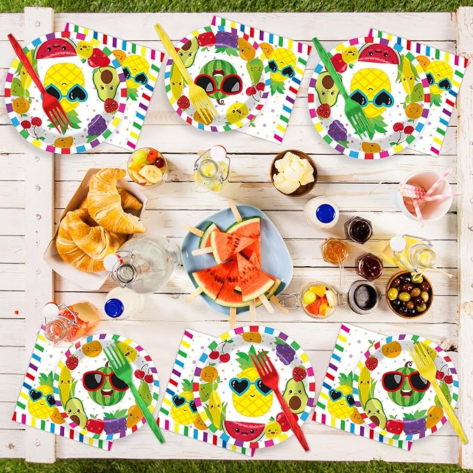 50 Guests Tutti Frutti Party Supplies Fruit Theme Birthday Plates and Napkins Forks Summer Fruit Tableware Watermelon Pineapple Paper Plates for Birthday Baby Shower Party 200PCS