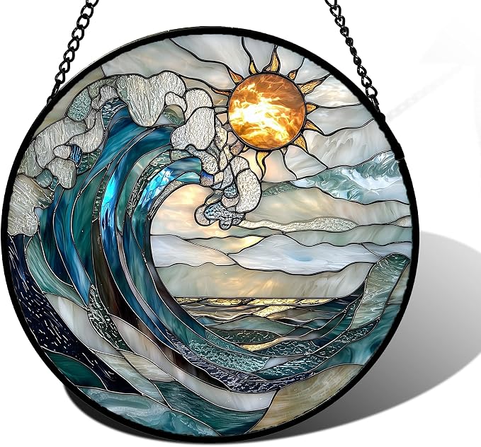 DASTOLL Stained Glass Window Hanging, Blue and White Waves Suncatcher Diamond Glass Panel Landscape Sun Catchers Decor for Birthday for Women, Men, Wife, Aunt, and Mom 11.8x11.8 in