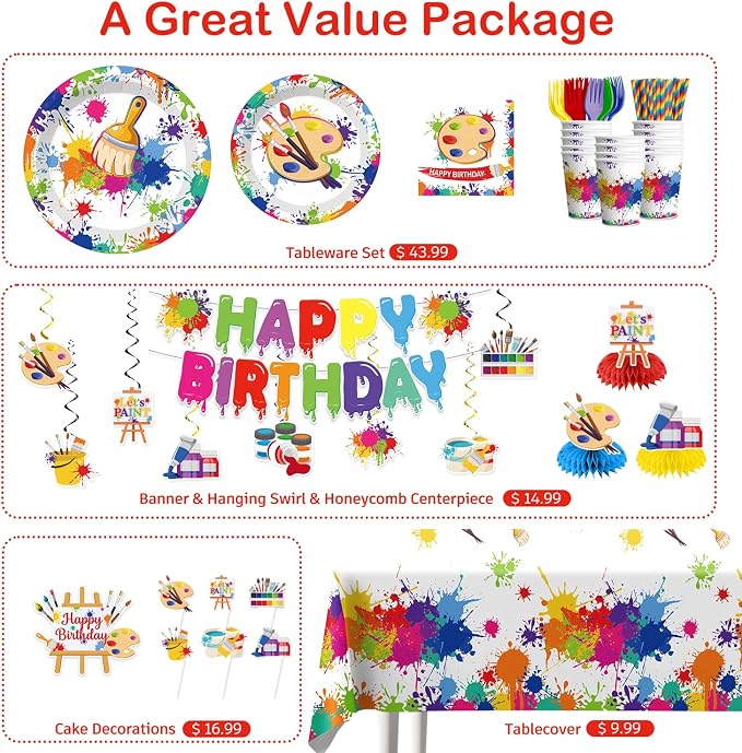 354pcs Paint Party Decorations for Kids and Art Lovers, Convenient Disposable Paper Tableware Set Includes 350gsm Plates and 2 PE Plastic Tablecloths for Paint Party and Celebration