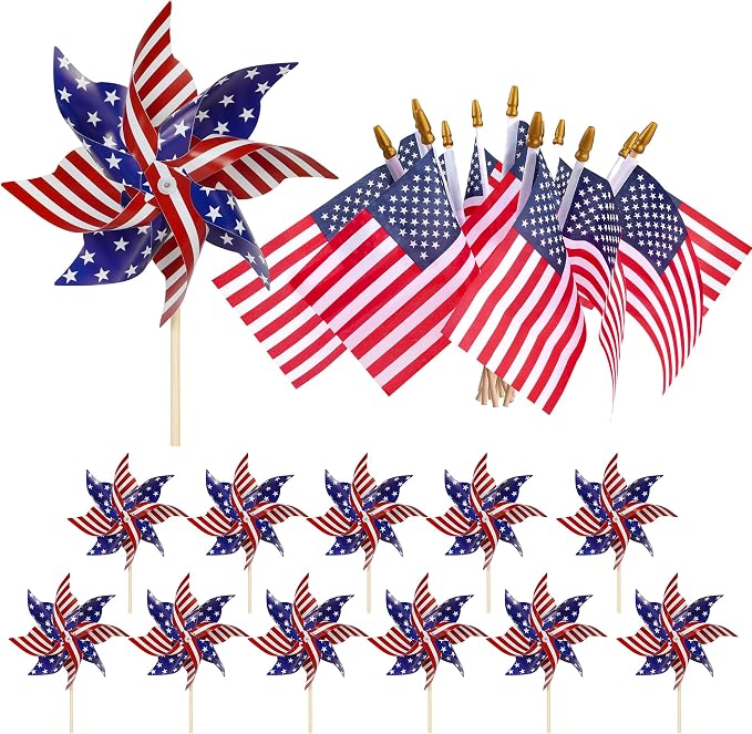 HOOSUN American Flags Patriotic Pinwheels,24 Pack 4th of July Decorations Small USA Flags On Stick With Fourth of July Pinwheels,Red White And Blue Memorial Day Decorations Patriotic Party Supplies
