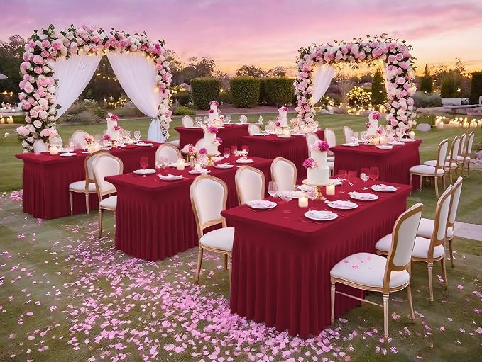 fani 2 Packs Burgundy Stretch Table Skirts for 8 Foot Rectangle Table, Washable Spandex Stretch Tablecloths with Skirt, Wrinkle Resistant Fitted Tablecover for Wedding Party Banquet