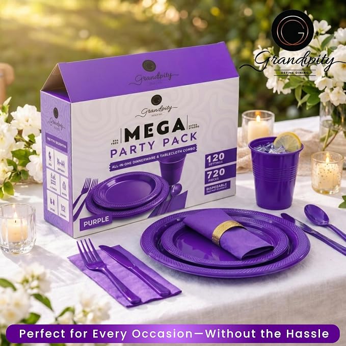 Grandipity 720 Piece Disposable Dinnerware Set, Plastic Dinnerware Set Includes 120 Count 9' Dinner Plates, 7' Dessert Plates, 12oz Cups, Forks, Knives & Spoons - Purple