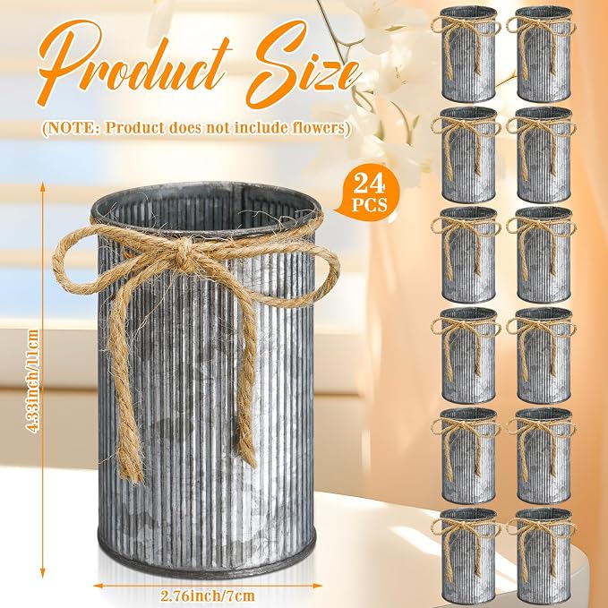 Rustic Vase for Table Centerpieces 4.33 Inch Small Petite Flower Vase with Twine Bow Vintage Farmhouse Decor for Wedding Reception Dining, Home Galvanized Metal Buckets(Iron Color,24 Pcs)