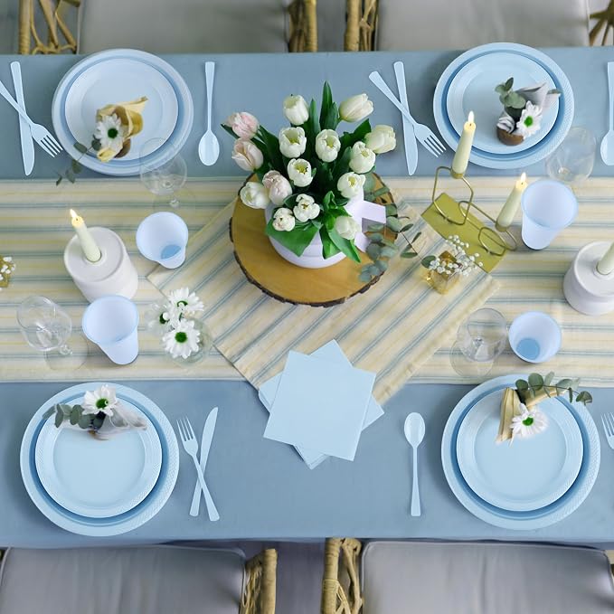 Kochorie 240 Pieces Light Blue Plastic Dinnerware Set Disposable Heavy Duty Plates Napkins Cups Silverware Dessert Dinner Plates for Birthday Wedding Baby Shower Party Supplies, Serves 30 Guests