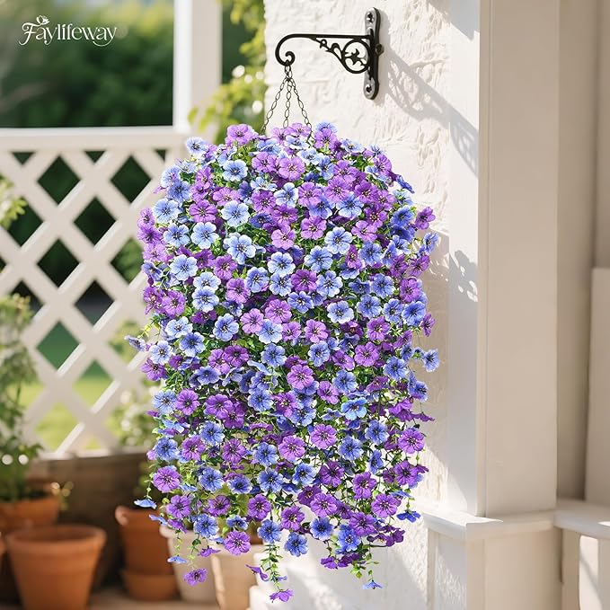 Artificial Hanging Flowers for Outdoors Spring Summer Decoration, 8PCS UV Resistant Silk Fake Hanging Plants for Patio Porch Front Yard Window Garden Indoor Decor(Blue&Purple,8PCS)