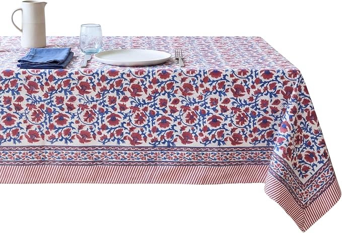 ATOSII Nora 100% Cotton Rectangle Spring Summer Tablecloth, Handblock Floral Print Linen Table Cloth for Kitchen Dining I Parties, Weddings, Outdoors, Easter Decor 60 X 108 Inches, 8 Seater