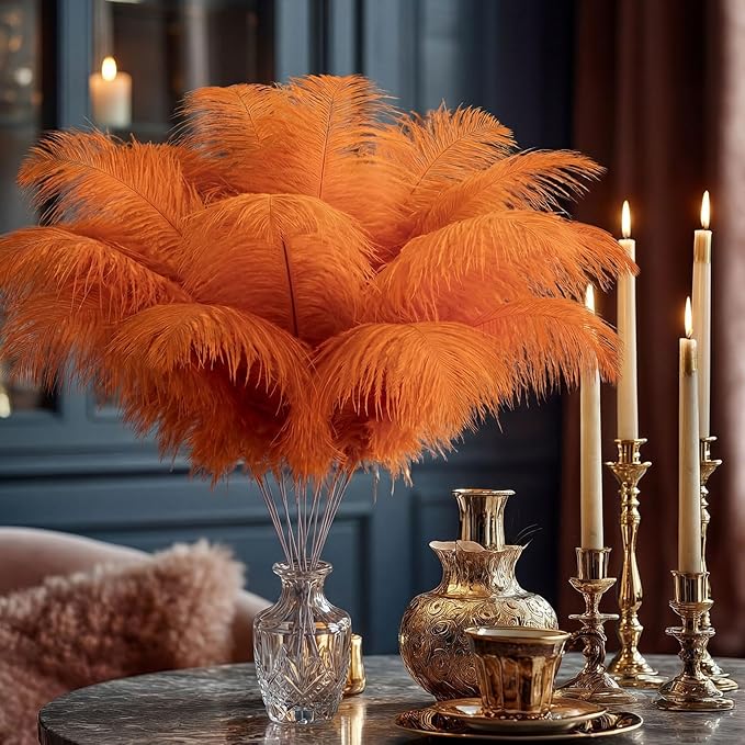 Hanaive 150 Pcs Ostrich Feathers Set Bulk Plumes 12-14 Inch (30-35cm) 70 Pcs Large Ostrich Feathers with 80 Sticks and Tape for DIY Crafts Wedding Home Party Centerpiece Decorations(Orange)