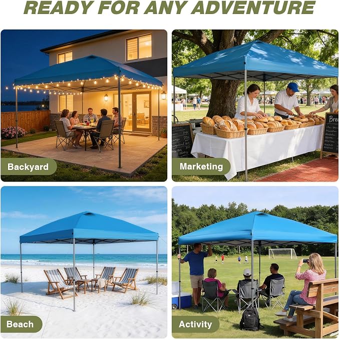 HYPER VENTURE 10x10ft Pop Up Canopy Tent with One Push Setup, Portable Outdoor Event Shelter with Rolling Carry Bag for Camping, Beach, Market, Patio (Blue)