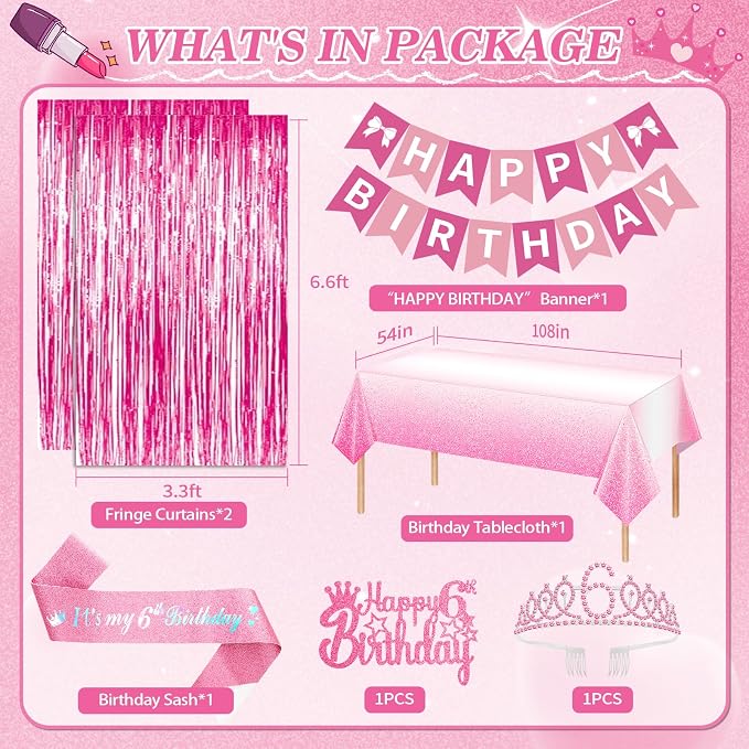 6th Birthday Decorations for Girls, Pink Party Decorations with Number 6 Balloon Happy Birthday Banner Bday Sash Crown Tablecloth Fringe Curtain Hanging Swirl for 6 Year Old Girl Bday Decor