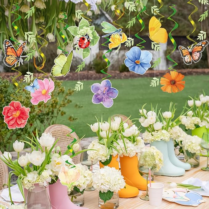 Flower Birthday Decorations, Garden Wildflower Party Decorations with Pre-strung Banners, Flower Themed Hanging Swirls, Birthday Decorations for Women Girl