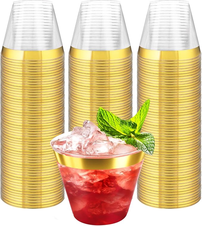 Byvivace 100Counts 9 OZ. Disposable Cups Old fashioned Party Tumblers, 9 Ounce Squat Cups Gold Rimmed Hard Plastic Party Wedding Cups with Gold Rim