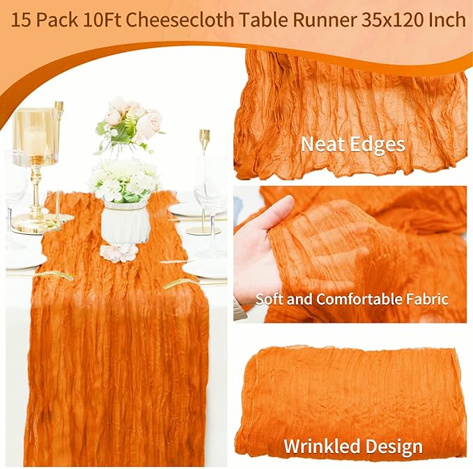 15 Pack Orange Cheesecloth Table Runner 10Ft Gauze Cheese Cloth Table Runner 35 x 120Inch Boho Table Runners Romantic Table Cover for Wedding Birthday Party Bridal Baby Shower Fall Table Decoration