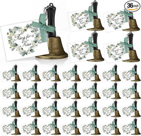 Lounsweer 36 Set Eucalyptus Wedding Bells Bulk Ring for a Kiss with Tags Sage Green Ribbon Kissing Bells for Wedding Reception Decorations Goodies Bags Party Supplies