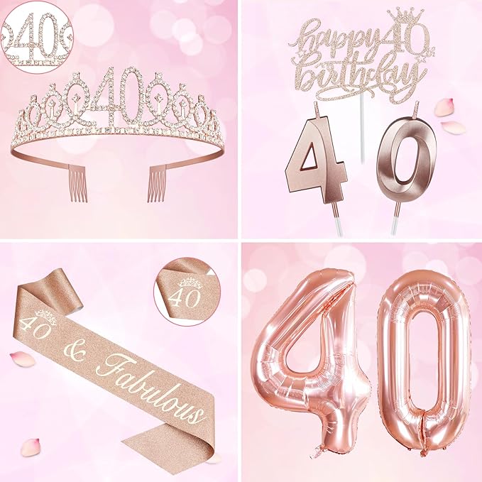 40th Birthday Decorations Women, Include 40th Birthday Sash and Crown, Cake Topper and Candles, Number Balloons, 40 Year Old Gifts for Women