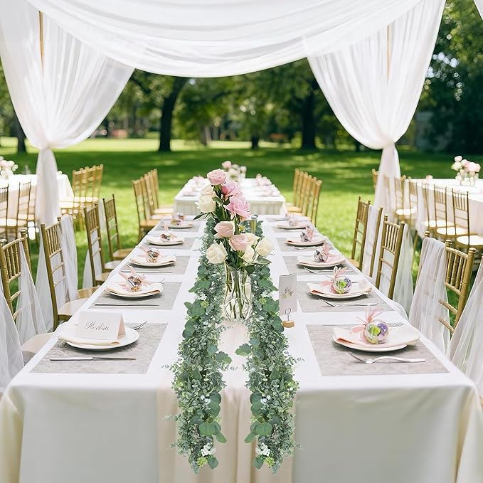 Eucalyptus Garland for Table, 6ft Faux Eucalyptus Garland with White Flowers & Seeds, 2pcs Artificial Eucalyptus Greenery Vines for Wedding Party Table Runner Backdrop Arch Mantle Handmade Wreaths