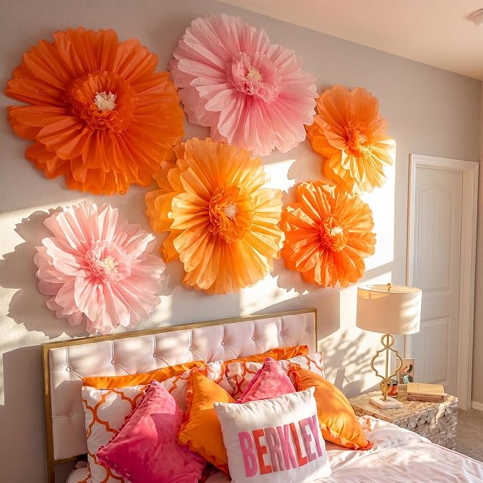 Giegxin 6 Pcs 31.5", 24" Pink, Orange Giant Paper Flowers Pink and Orange Party Decorations Large Crepe Tissue Flowers for Fall Wedding Boho Birthday Bridal Bachelorette Bridal Shower Classroom Decor