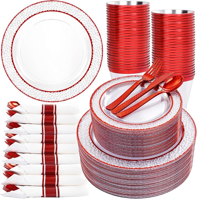 Ciaell 350 PCS Clear and Red Plastic Plates – Red Dinnerware Set for 50 Guests Include 100 Plastic Plates, 50 Pre Rolled Napkins with Cutlery Set, 50 Cups for Wedding