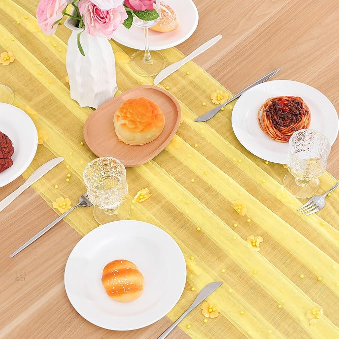 BINBE 4pcs Flower Pearl Table Runner Spring Summer Rustic Boho 10ft Tulle Table Runner for Baby Shower Wedding Veil Holiday Dessert Table Decor Yellow