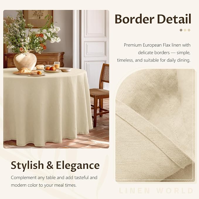 Linen World Round Tablecloth 90" Inch - 100% French Linen Washable Natural Tablecloth for Dining,Outdoor,Weddings and Restaurants,Decorative Thanksgiving Christmas,Sand Beige