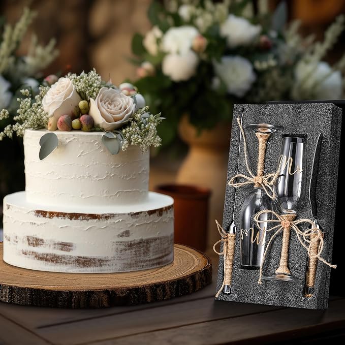 Honoson 5 Pcs Cake Knife Server Set Champagne Glasses Wooden Slice Cake Topper Set Rustic Wedding Decorations Mr and Mrs Champagne Flutes Bride Groom Valentines Day Glasses Anniversariesn