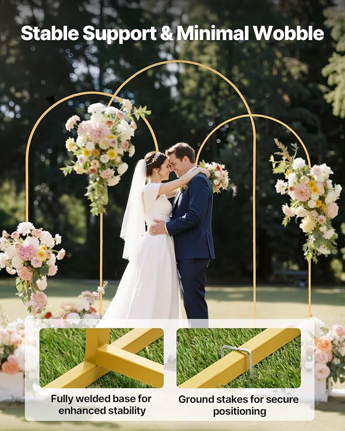 VEVOR Arch Backdrop Stand, Set of 3, 8/7.2/6.6 ft, Stable Structure, Easy Assembly, Gold Metal Arch Backdrop Stand for Wedding, Birthday Party, Graduation, Holiday Celebration, and Ceremony Decoration