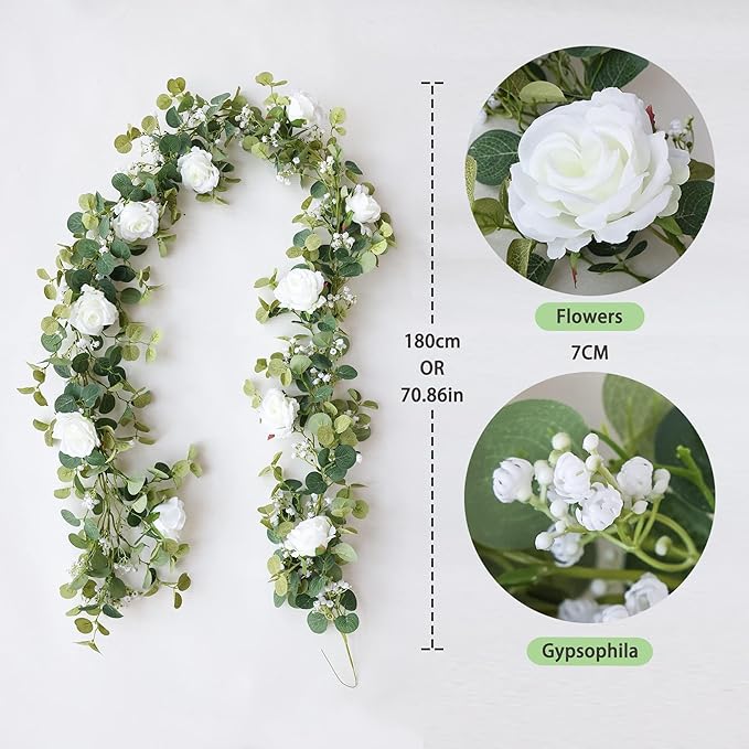 Anna's Whimsy 2PCS 5.91FT Artificial Eucalyptus Garland with Flowers, Fake Rose Gypsophila Garland, Faux Floral Greenery Garlands for Wedding Spring Home Party Table Runner Decor（White）