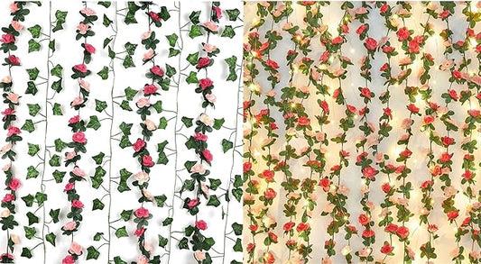 BLEUM CADE 2Pcs 16.4Ft Pink Flower Garland Artificial Rose Vines with 16.4Ft String Lights and 5 Pcs 41Ft Flower Garland Artificial Rose Vines with 5 Pcs 34.5Ft Fake Ivy Vines