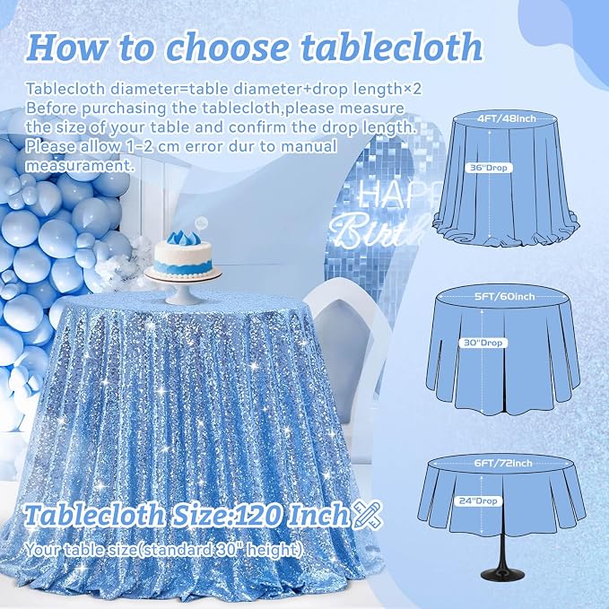 B-COOL Sequin Tablecloth Birthday Party Decor: 120 Inch Round Table Cloth Baby Blue Glitter Fabric Overlay for Indoor Outdoor Dining Parties Home